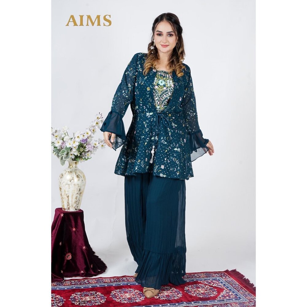 AIMS Women's Embroidered Floral Two-Piece Set With Flared Sleeves & Pleated Pant